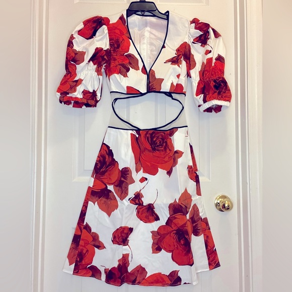 Autumn Adeigbo Gisele Red White Floral Cutout Dress NWT $625 - Picture 2 of 14